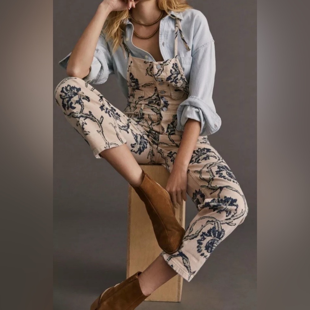 Pilcro Floral Women Jeans Overalls - Cream and Blue